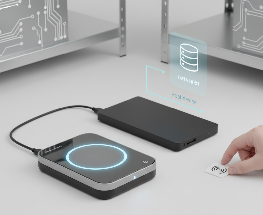 A bare RFID reader module on a workbench