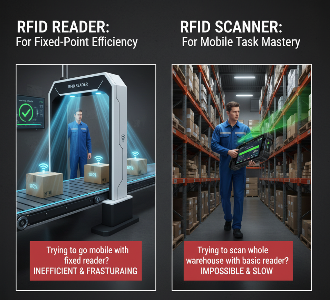 A fixed RFID reader on a conveyor belt and a person using a scanner in a warehouse