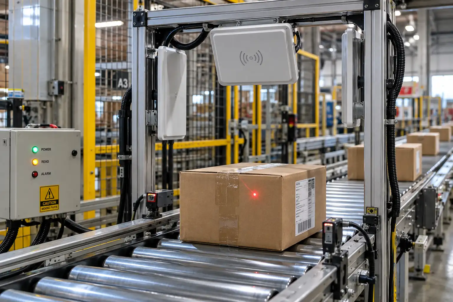Fixed RFID reader monitoring cartons at an automated conveyor checkpoint