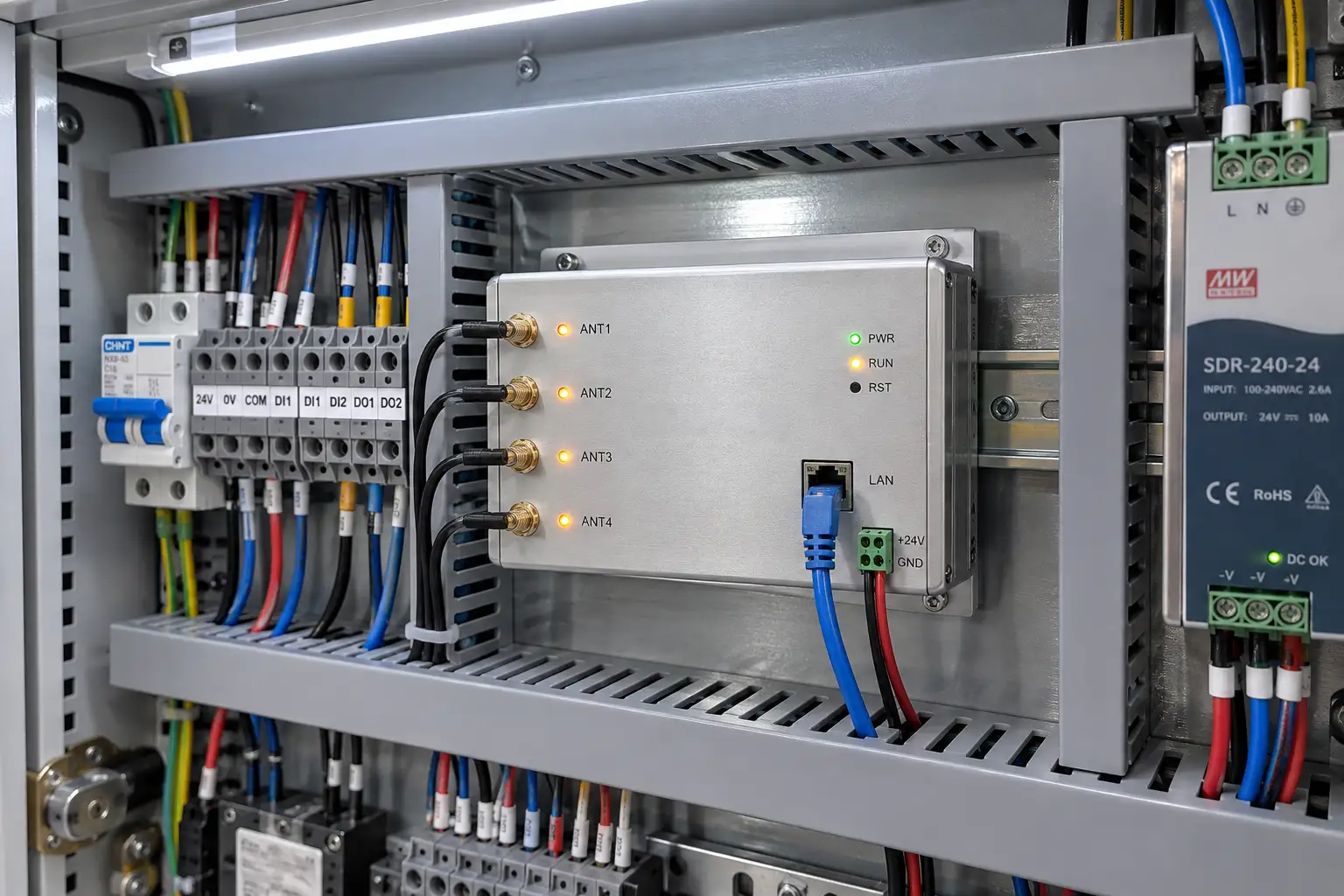 DIN-rail-mounted RFID controller installed inside an industrial control cabinet
