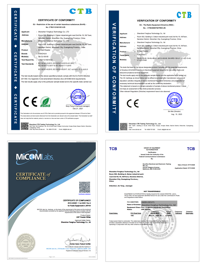 CE, RoHS, FCC, TELEC certifications