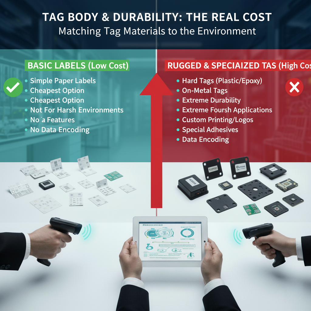 A paper RFID label, a plastic hard tag, and an on-metal RFID tag shown side-by-side