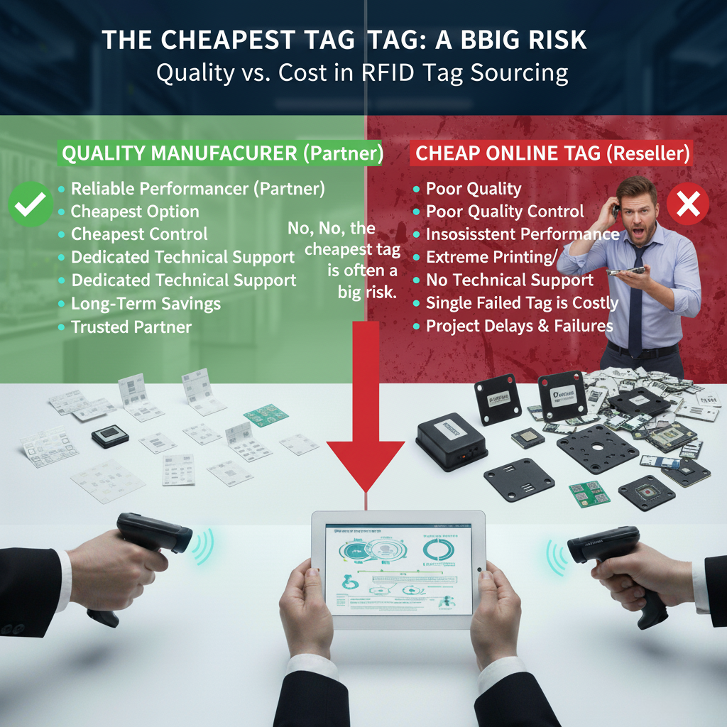 A magnifying glass looking at a cheap RFID tag, showing potential flaws