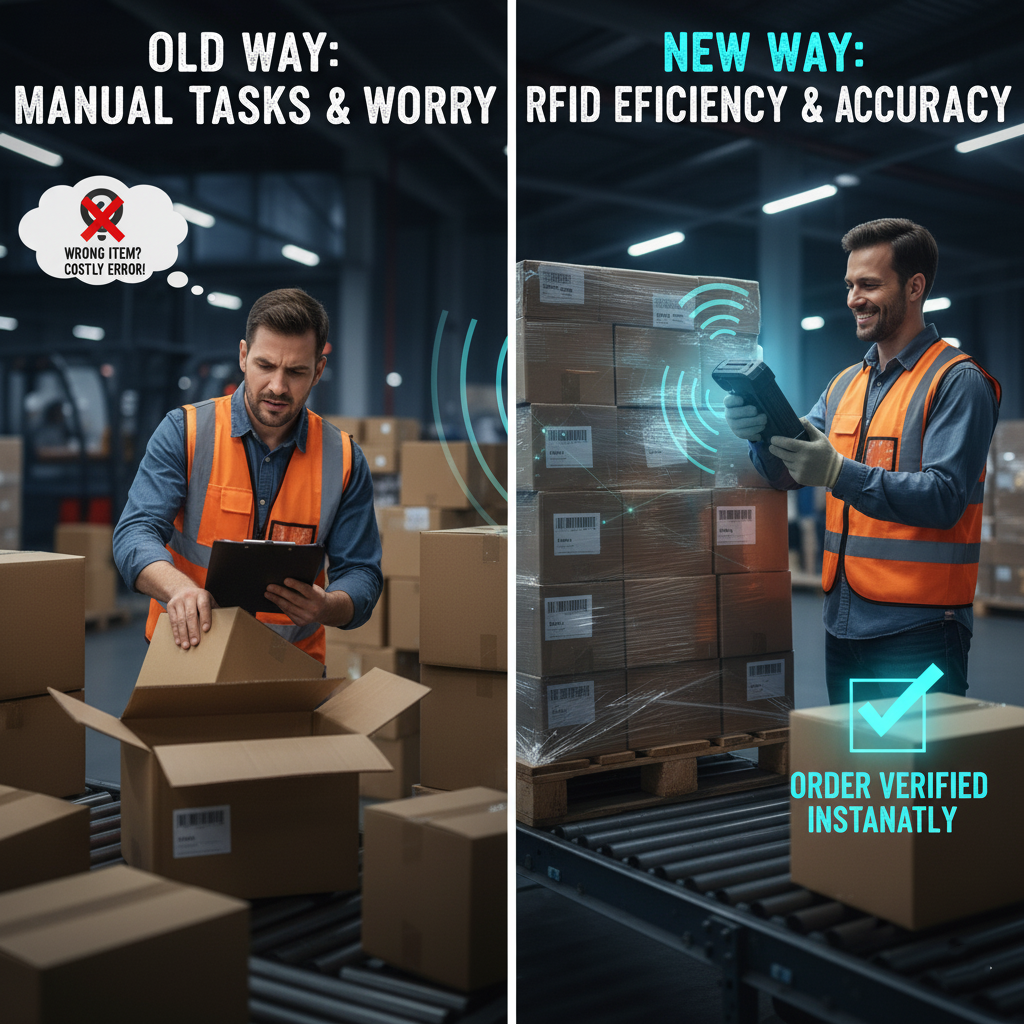 A packing station with an [RFID reader](https://rainrfid.org/wp-content/uploads/2022/10/What_is_RAIN_RFID_-_Summer_2021-1.pdf)<sup id=