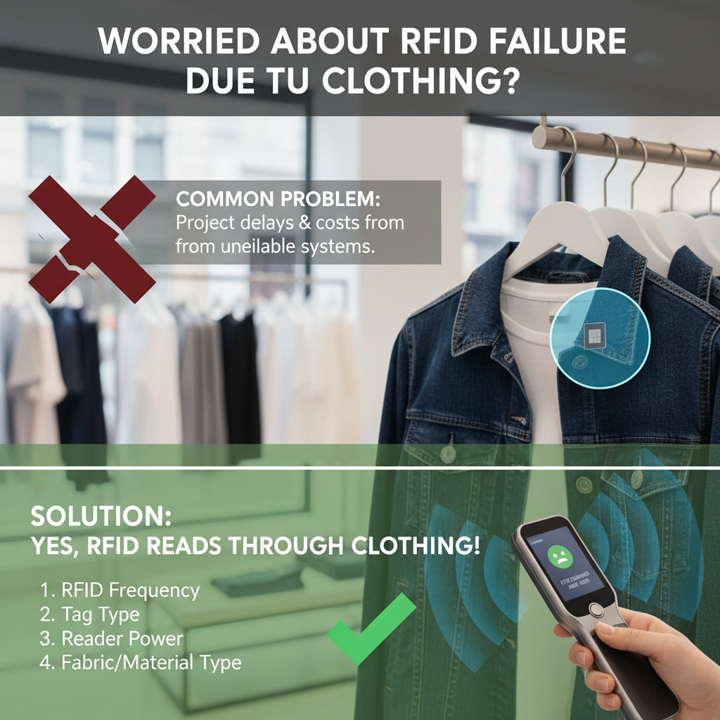 An RFID tag being scanned through a stack of folded jeans