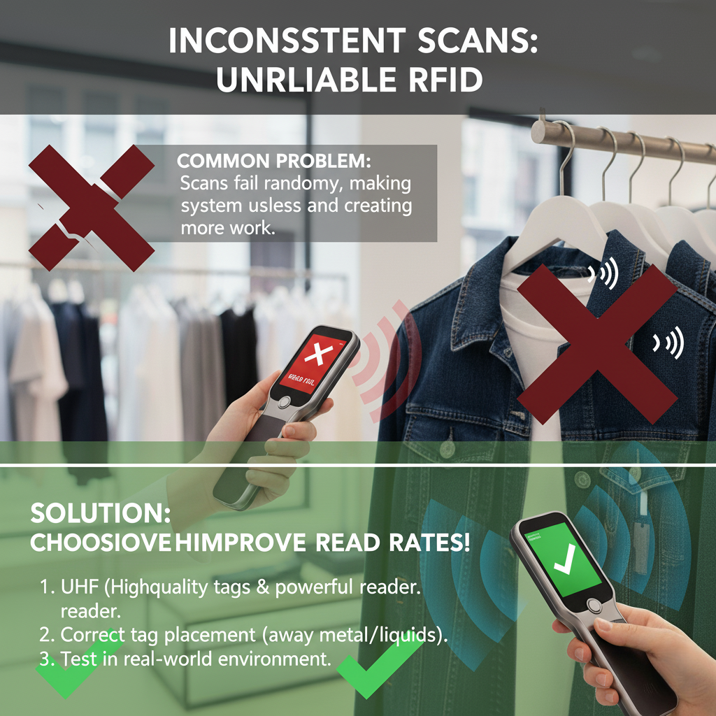 An engineer adjusting an RFID reader antenna in a warehouse setting