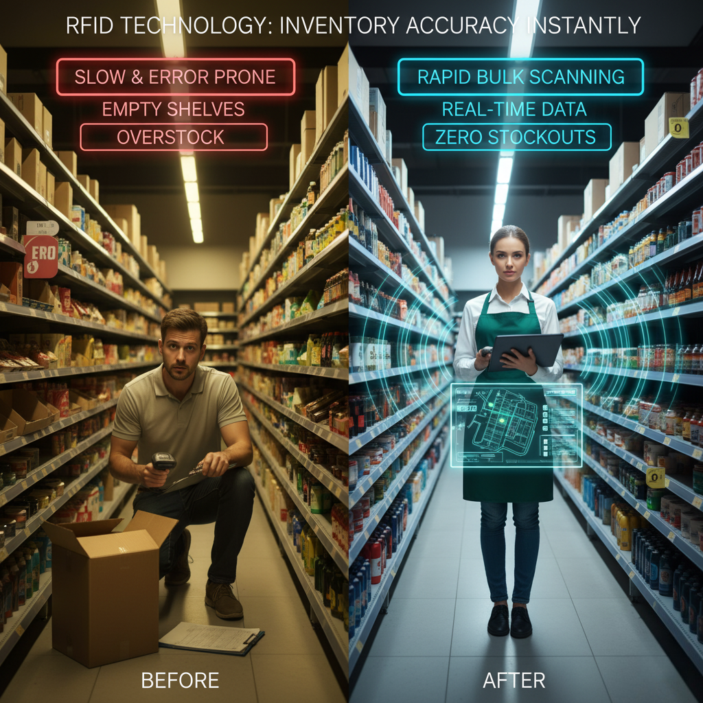 Employee using a handheld RFID reader in a stockroom