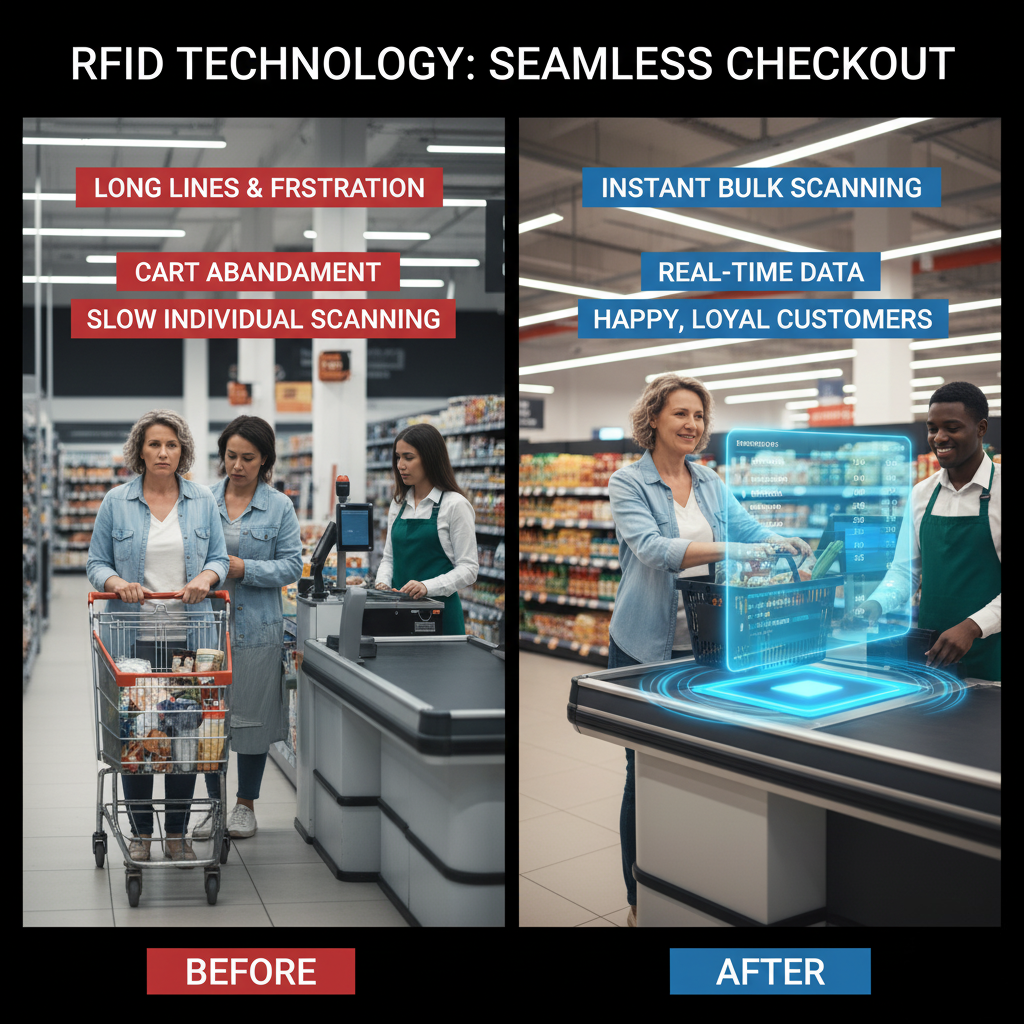 A futuristic RFID self-checkout counter in a store