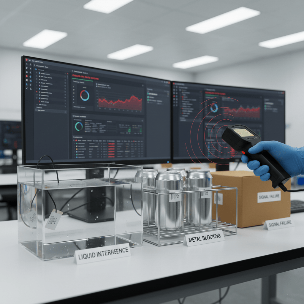 An engineer troubleshooting an RFID system in a warehouse