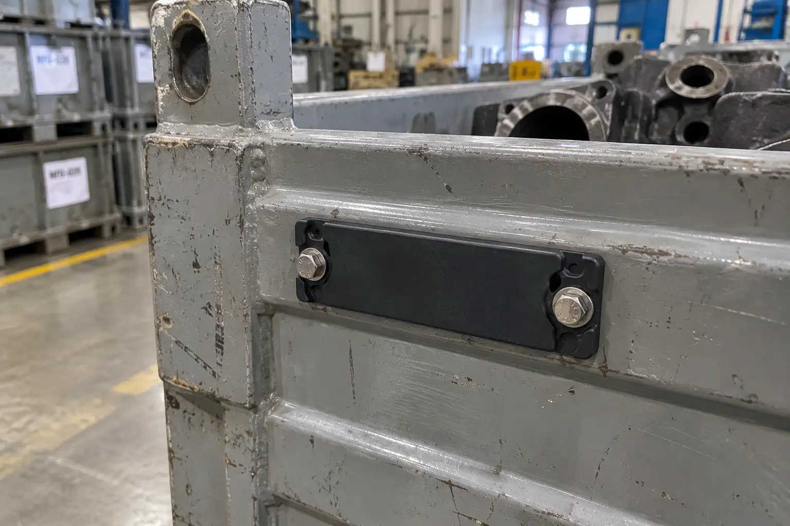 Rugged on-metal RFID tag bolted to a reusable steel tote in an industrial facility