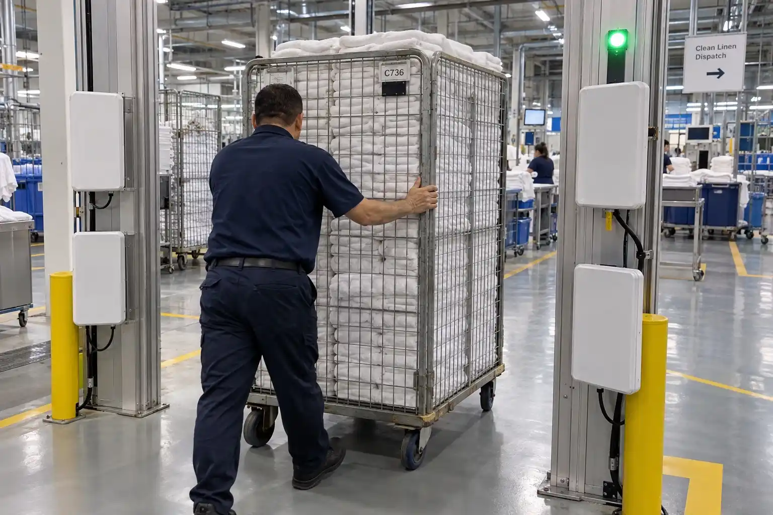 RFID portal reader scanning a cart of laundry
