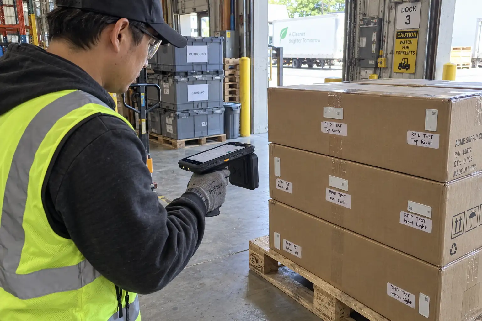Field engineer testing RFID tag samples with a handheld reader on real assets