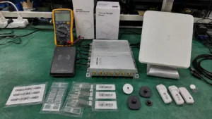 Complete Fongwah retail RFID hardware ecosystem featuring handheld terminals, desktop issuance readers, POS antennas, and apparel/grocery tags.