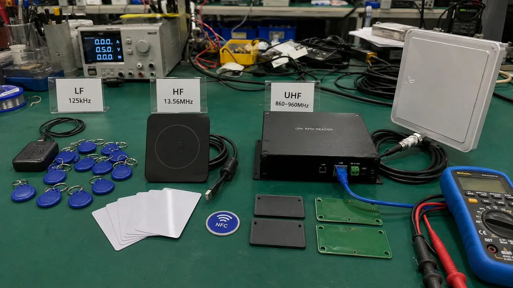 Comprehensive comparison showcase of Fongwah LF 125kHz, HF 13.56MHz, and UHF 860-960MHz tags and readers on an ESD workbench.
