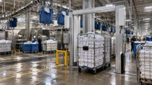 High-capacity commercial laundry plant with overhead sling bags and an RFID portal scanning rolling linen cages.