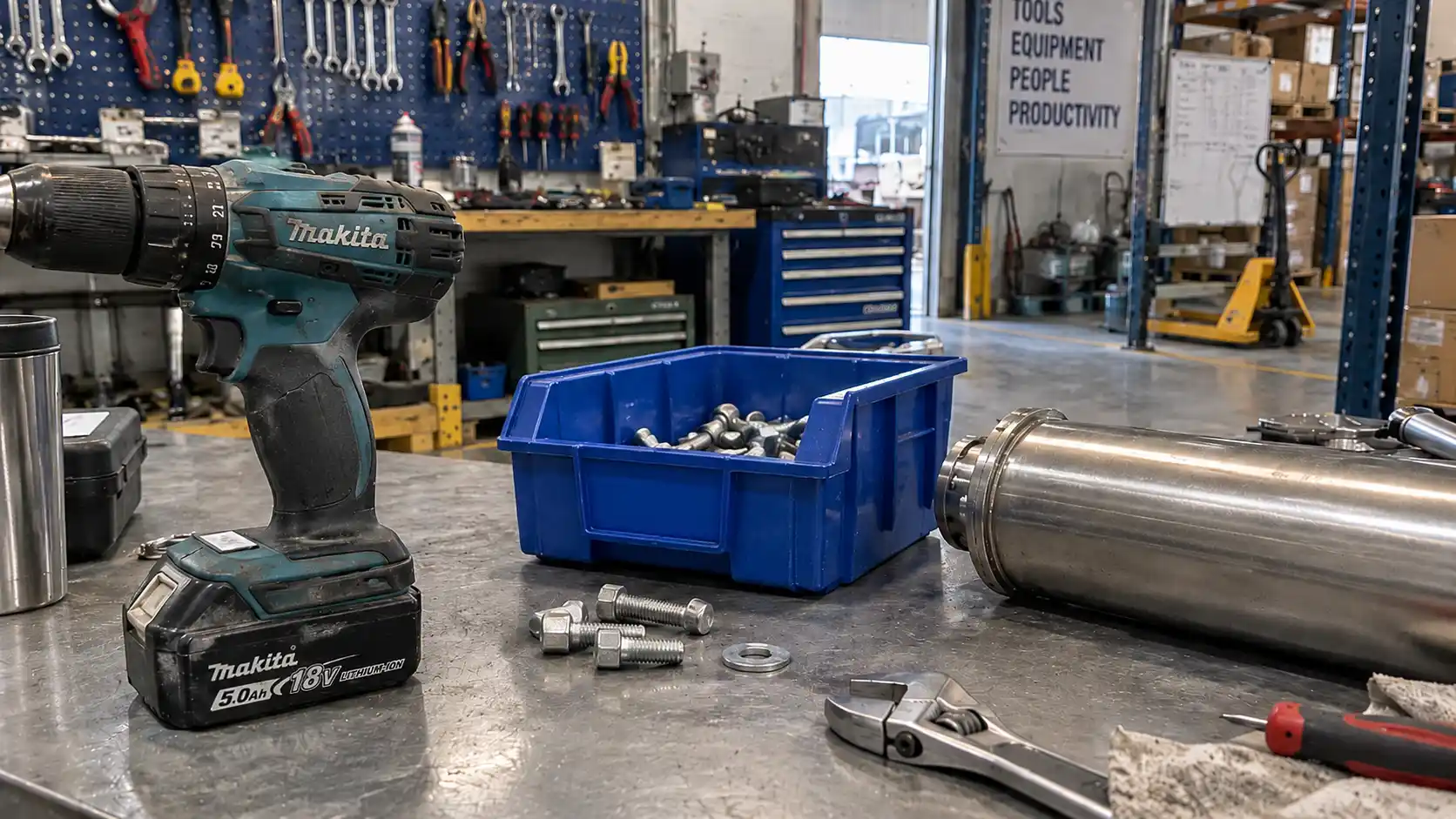 Assorted industrial tools, steel bins, and packaged goods with specialized RFID tags attached in a workshop.