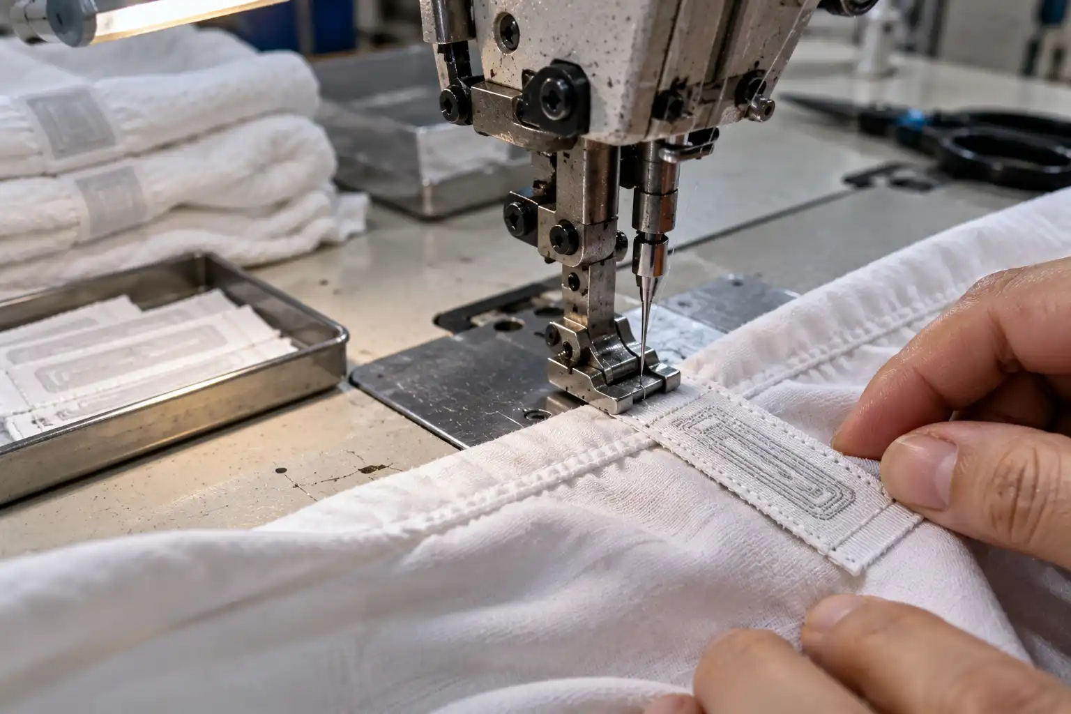 A UHF laundry tag being sewn into the hem of a textile item