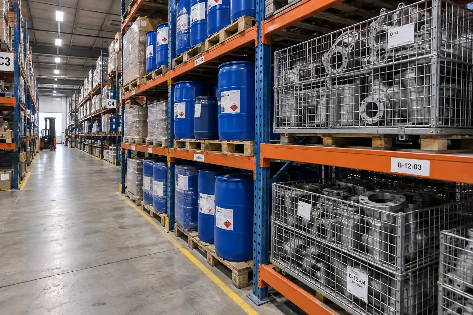 Warehouse pallet racks with liquid drums and metal parts showing different RFID tag environments