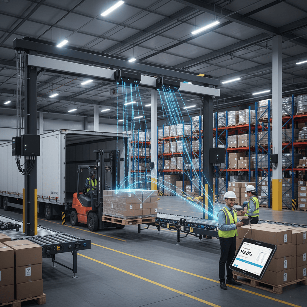 A warehouse with RFID readers at dock doors scanning pallets as they are loaded onto a truck