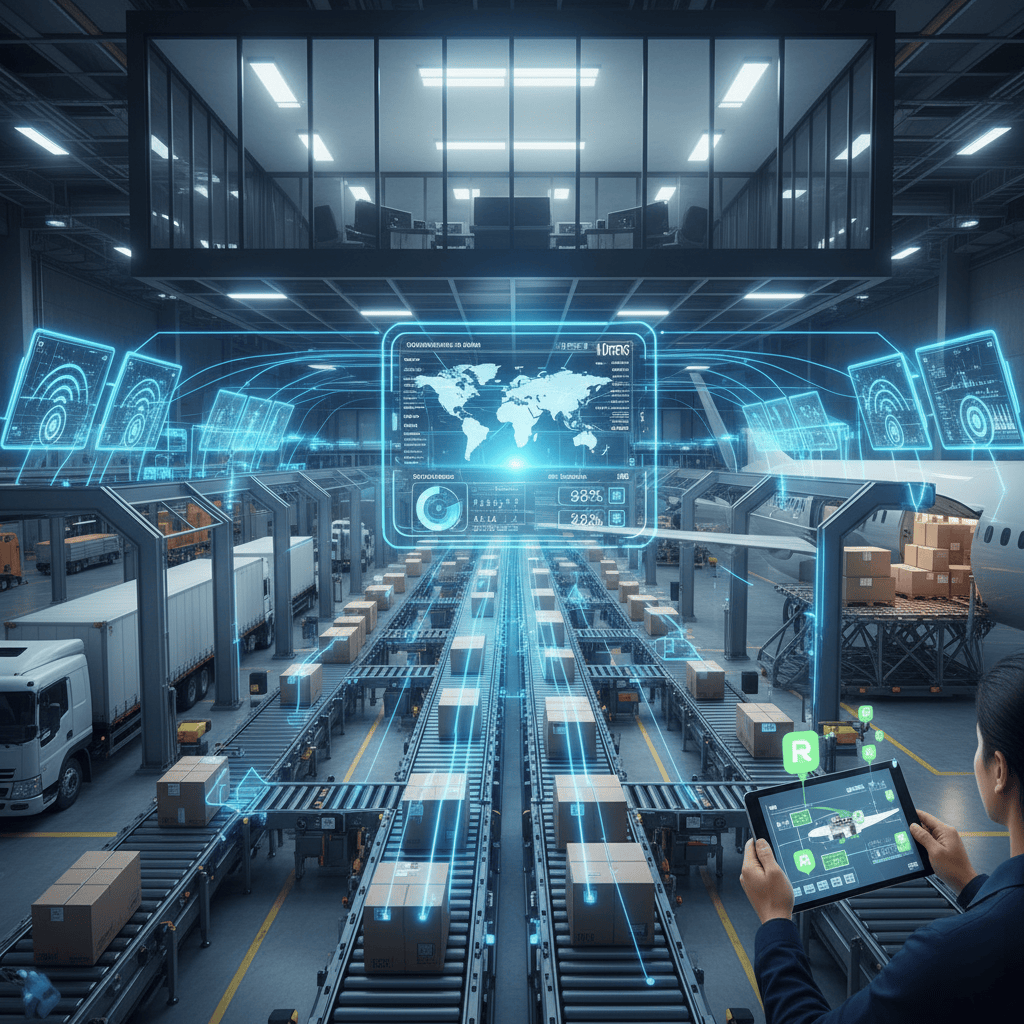 A logistics hub where packages on a conveyor belt are scanned by an overhead RFID reader