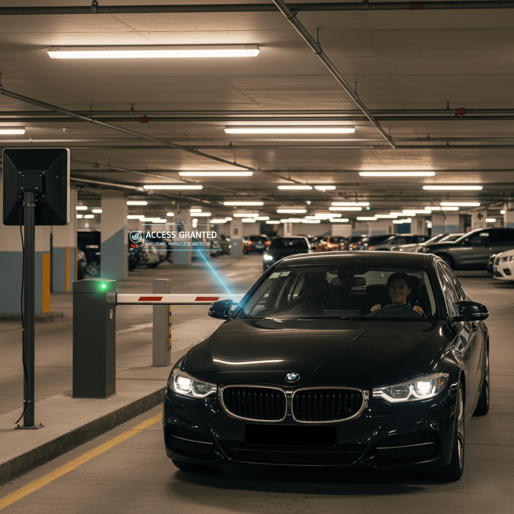 A car approaching a parking barrier which opens automatically as an RFID reader scans the windshield tag