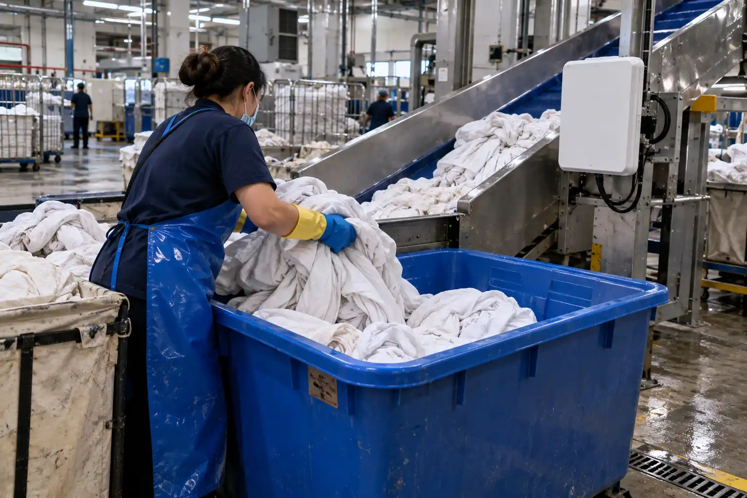 UHF laundry tags being sorted in a large bin
