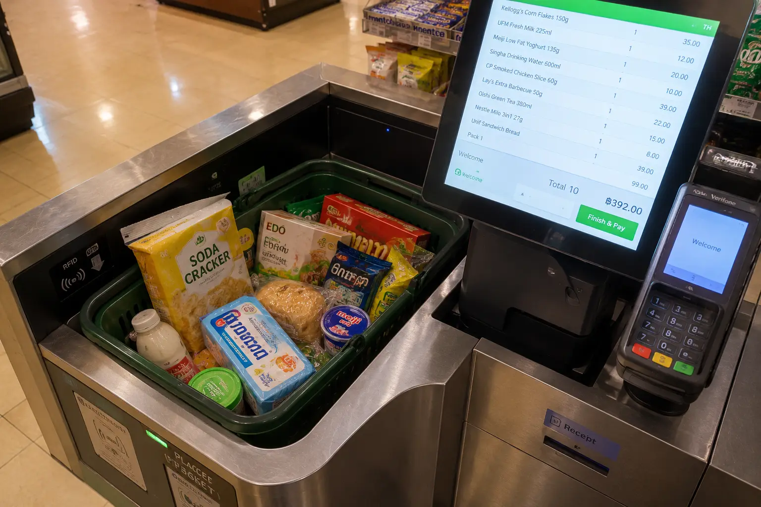 A futuristic RFID self-checkout counter in a store