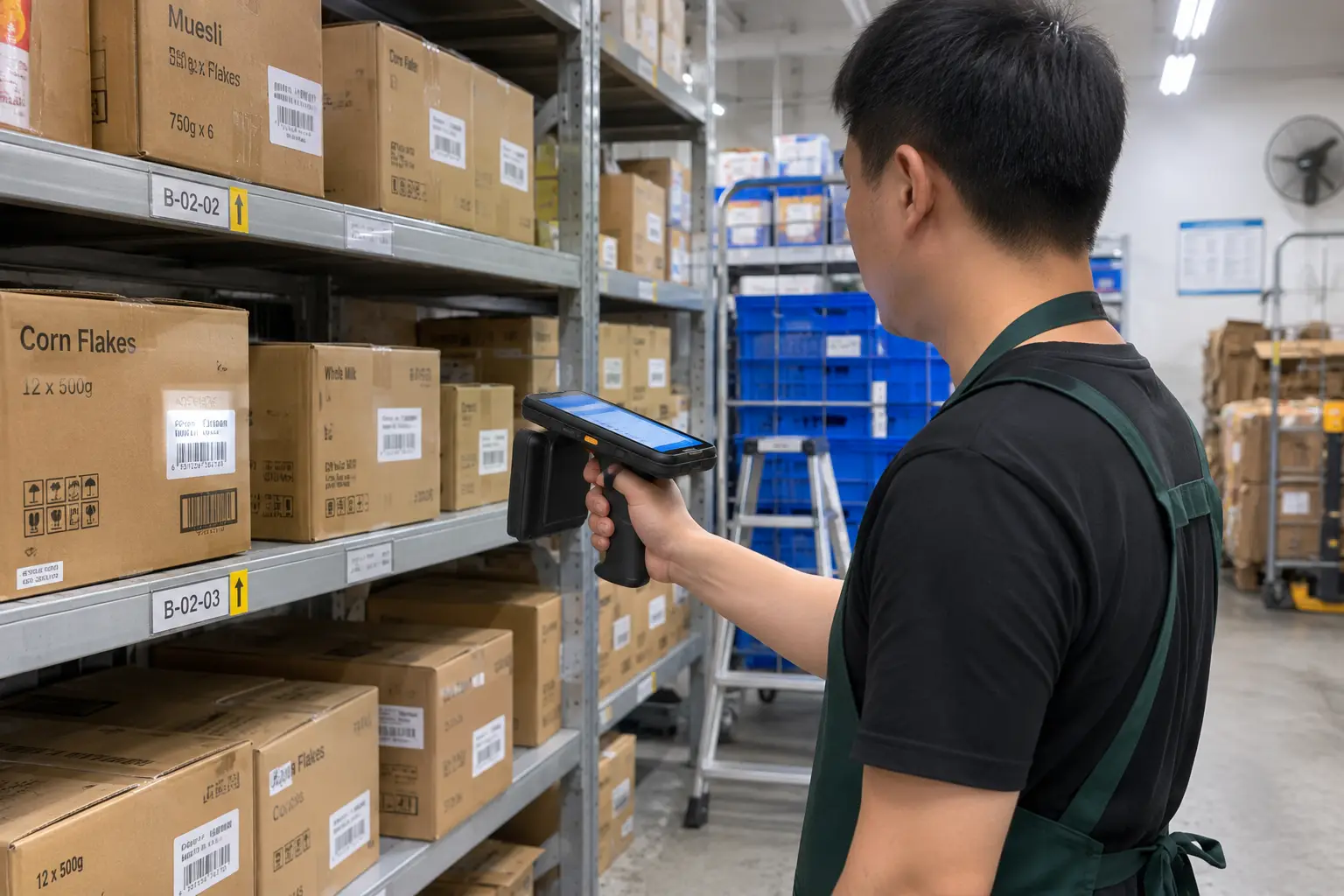 Employee using a handheld RFID reader in a stockroom