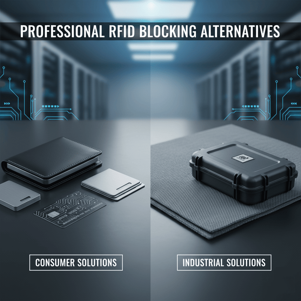 A collection of professional RFID blocking products like sleeves, fabric, and cards