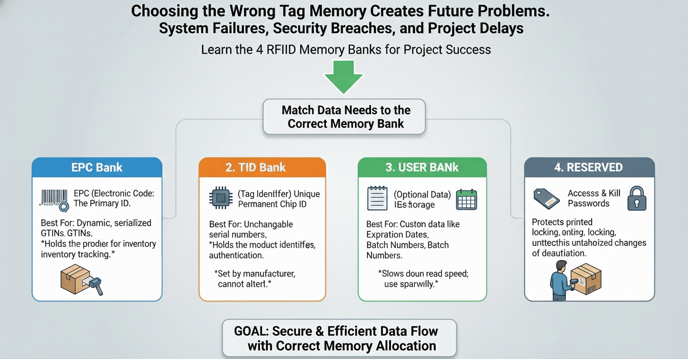An infographic showing the four memory banks of a Gen 2 RFID tag