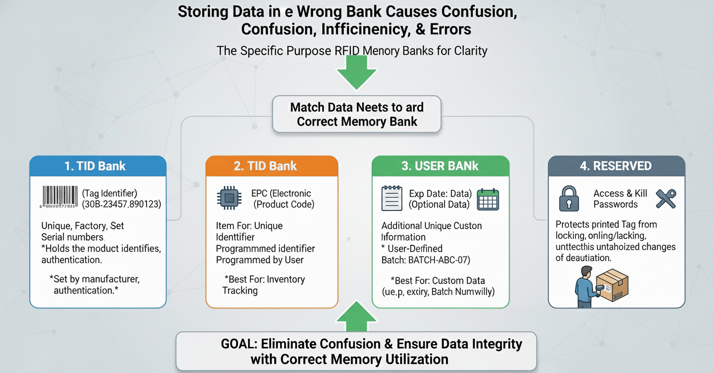 A diagram comparing the properties of TID, EPC, and User memory banks
