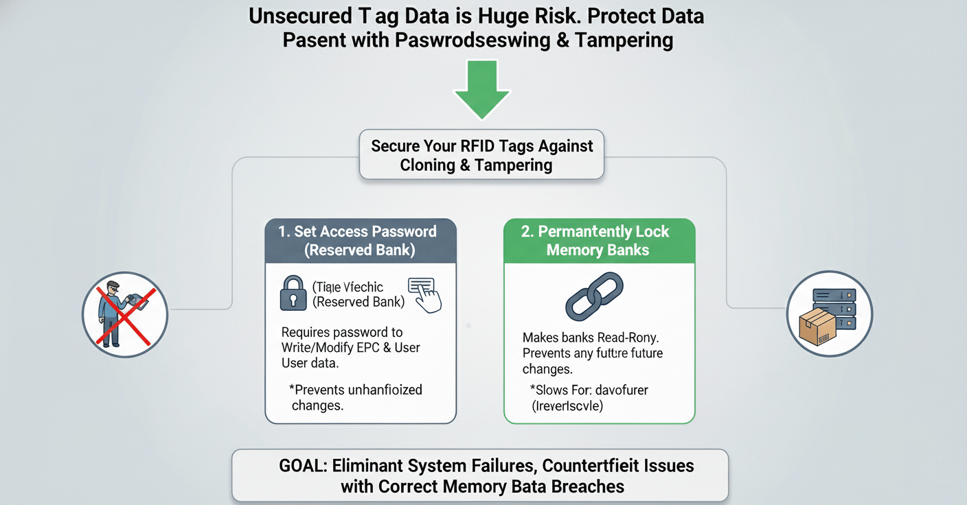 A padlock icon over an RFID tag to symbolize data security