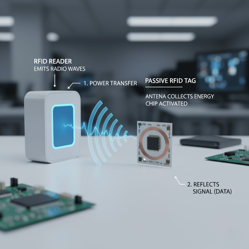 An illustration of an RFID reader sending a signal to a passive RFID tag