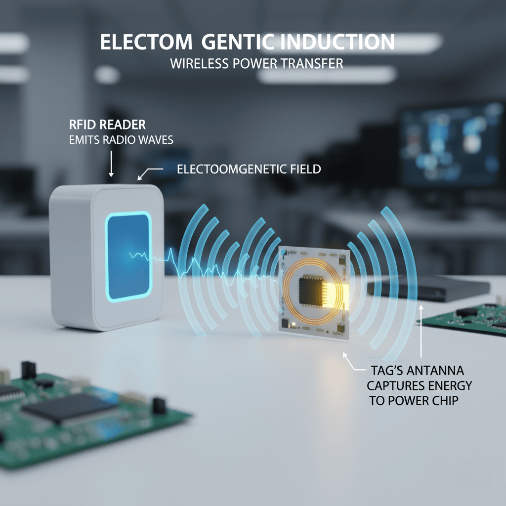 A diagram showing radio waves traveling from a reader antenna to a tag antenna