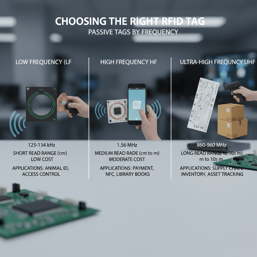 Three different types of RFID tags: LF, HF, and UHF