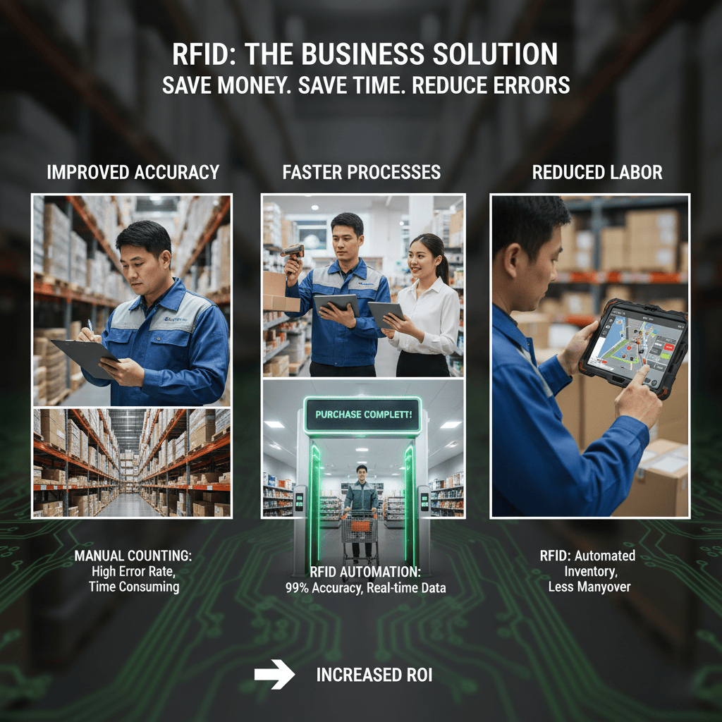 A forklift driving through an RFID portal scanner in a warehouse