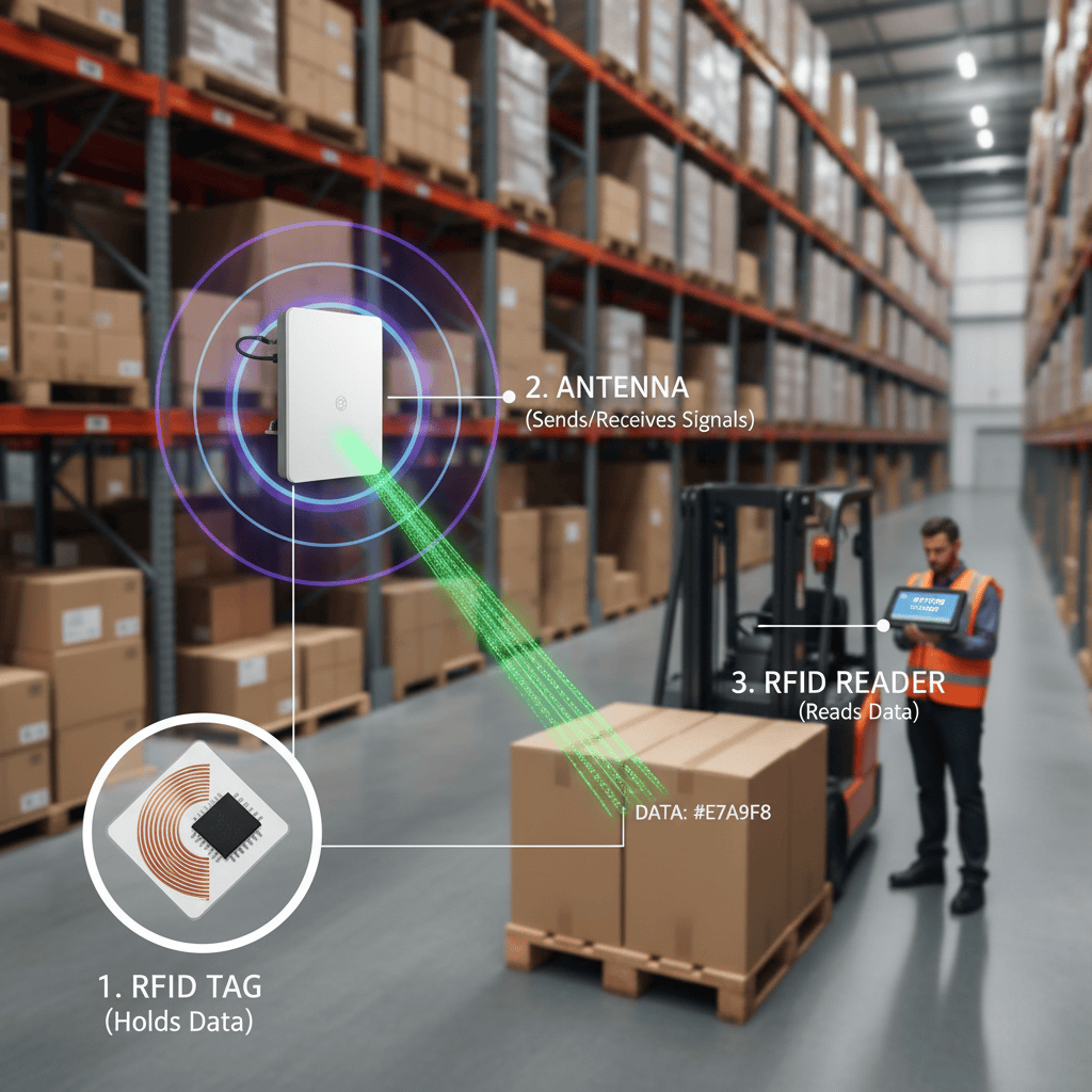 RFID system components: tag, reader, antenna