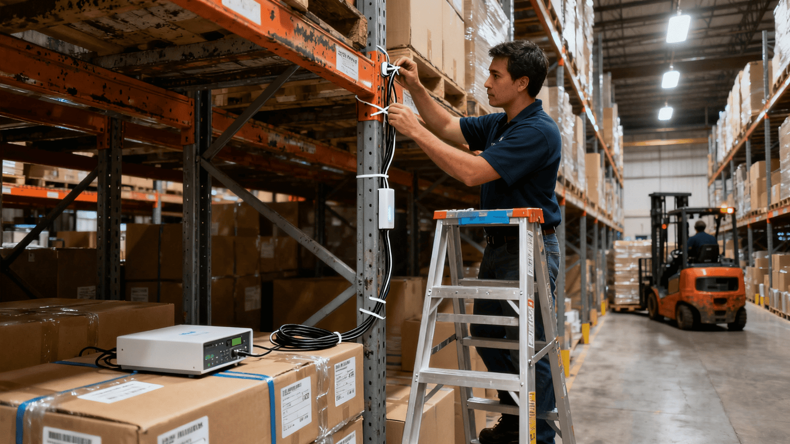 A programmer working on a computer screen with code, with an RFID reader on the desk