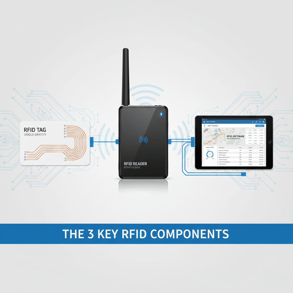 Core components of an RFID system: tag, reader, and antenna