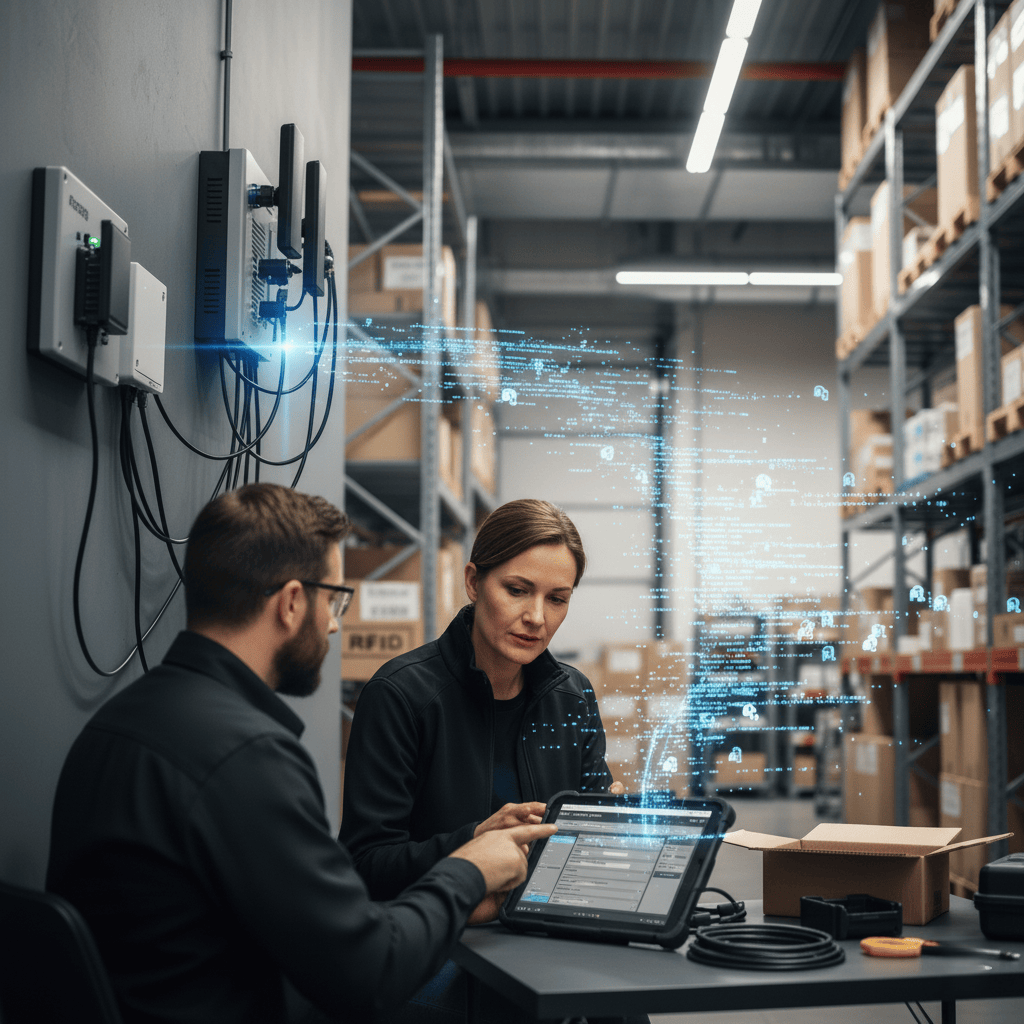 A person holding and aiming an RFID reader at a box with an RFID tag