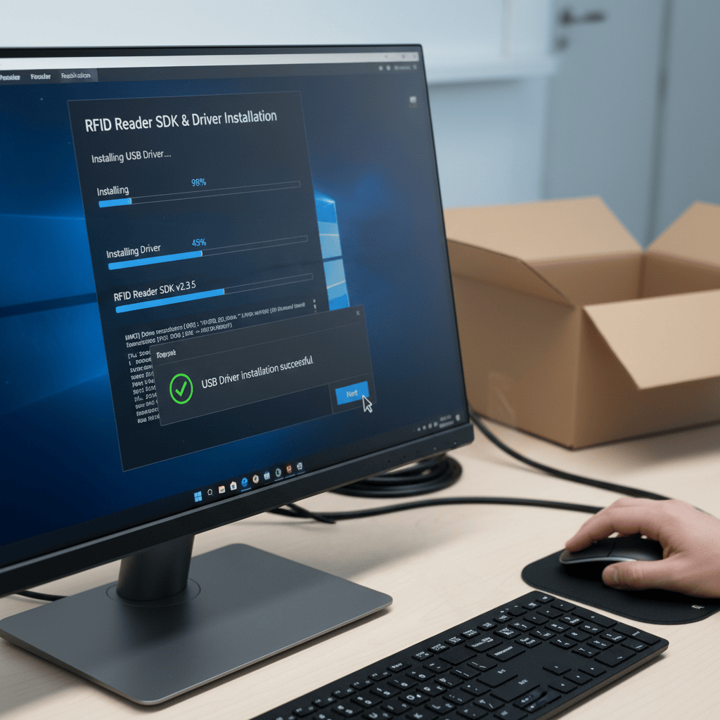 A laptop connected to an RFID reader with a USB cable