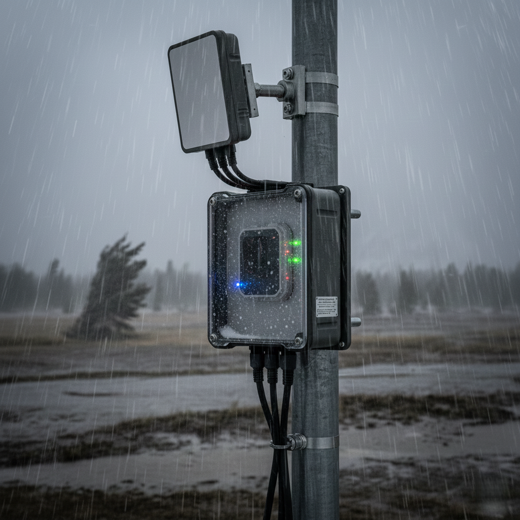 An outdoor RFID reader mounted on a pole in snowy weather