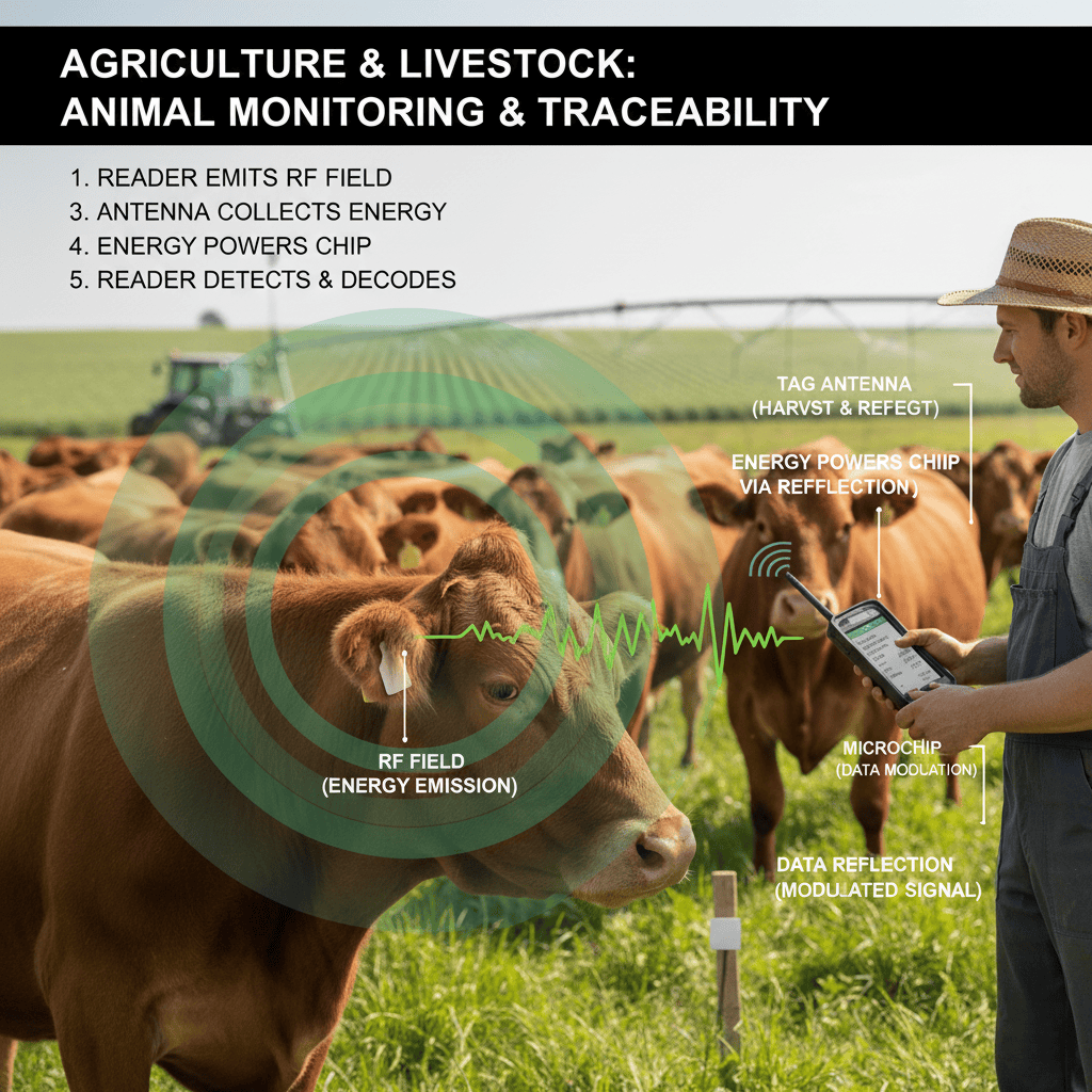 An RFID reader sending a signal to a passive tag