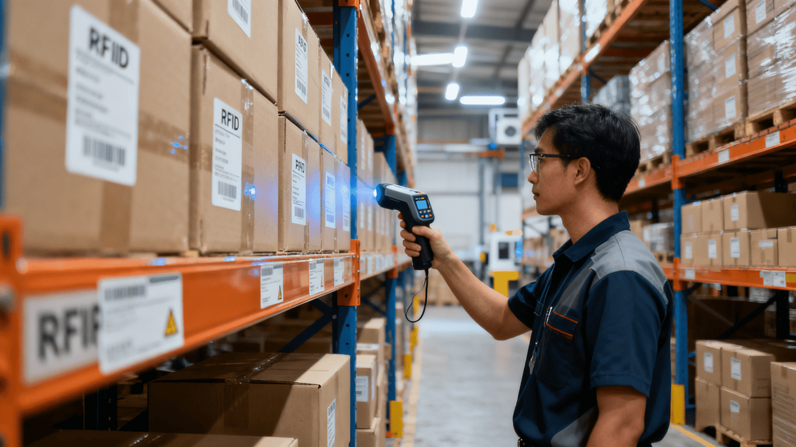 An illustration showing how RFID technology works with a reader and a tag