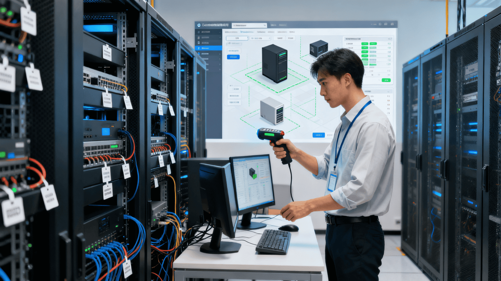 Diagram showing the three components of an RFID system: tag, reader, and antenna