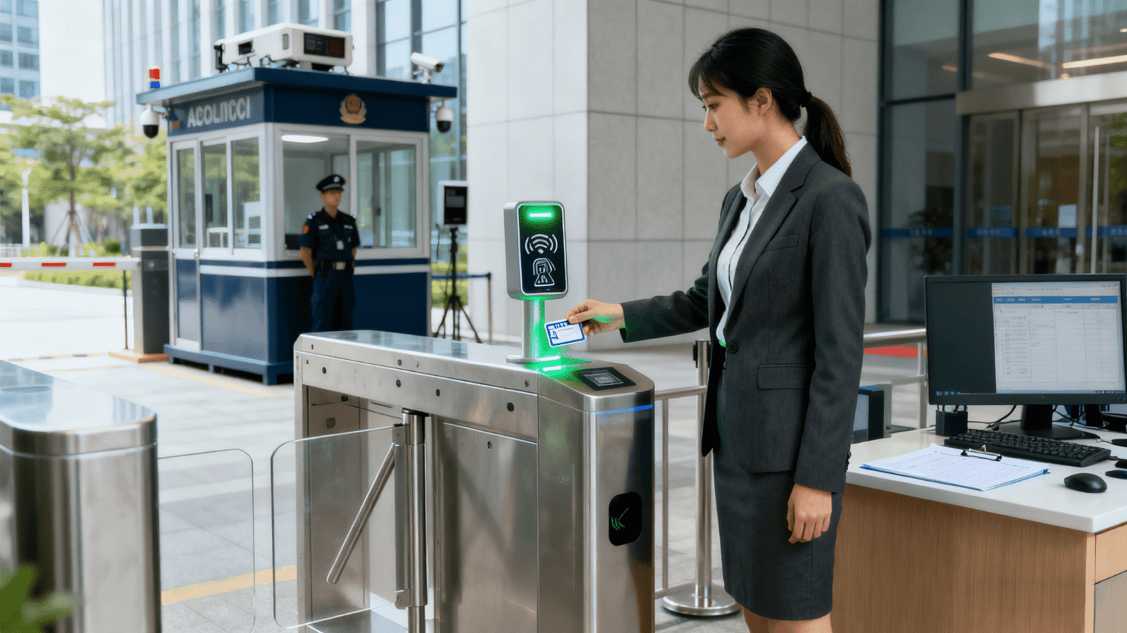 A collage of images showing RFID in different applications: retail, logistics, and access control