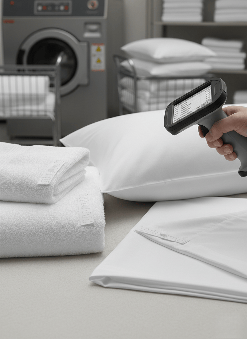 Stacks of hotel linen with RFID tags being scanned