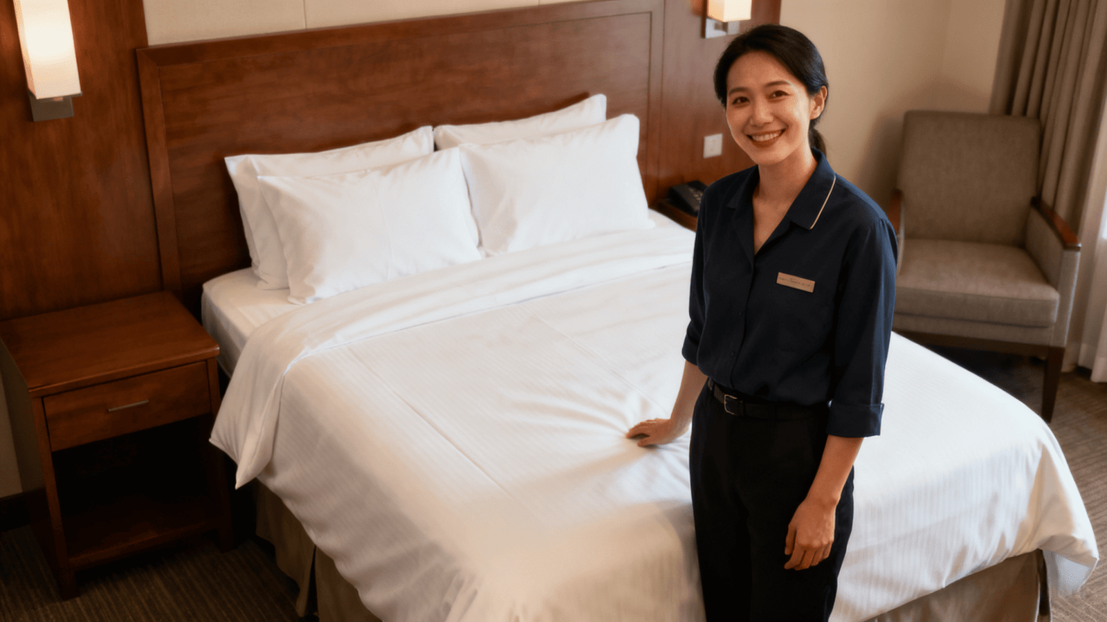 Hotel guest smiling in a clean room with fresh towels