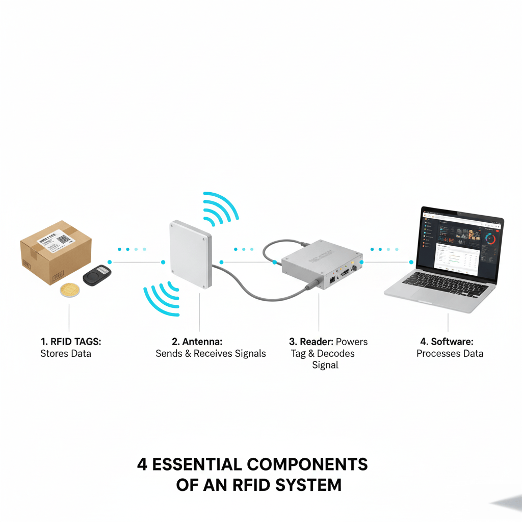 The core components of an RFID system: tag, reader, antenna, software