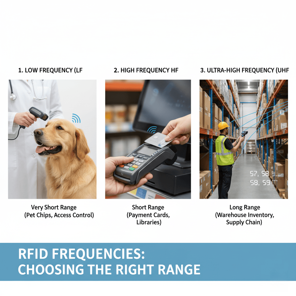 A chart comparing LF, HF, and UHF RFID frequencies